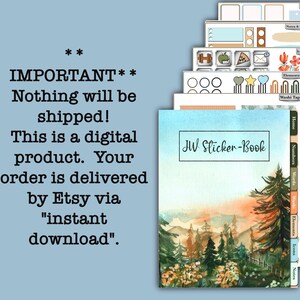 May include: A digital sticker book with a watercolor illustration of a mountain landscape at sunset. The book has tabs for different categories, including "Notes", "Numbers", "Words", "Elements", "Icons", and "Home". The text "JW Sticker-Book" is printed on the cover.
