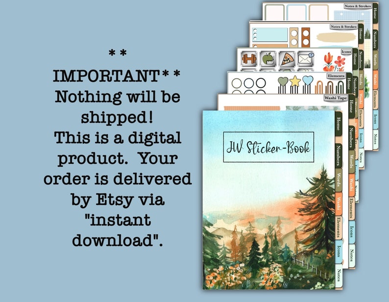 May include: A digital sticker book with a watercolor illustration of a mountain landscape at sunset. The book has tabs for different categories, including "Notes", "Numbers", "Words", "Elements", "Icons", and "Home". The text "JW Sticker-Book" is printed on the cover.