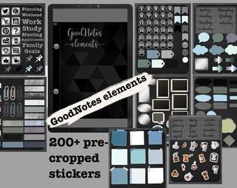 Black white GoodNotes Elements functional stickers For digital planner and notebook, sticker book, pre-cropped PNG minimalist style