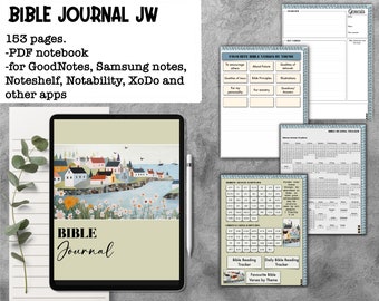 May include: A digital planner for organizing Bible study notes. The cover features a colorful illustration of a seaside town with houses and flowers. The title "BIBLE JOURNAL" is written in a decorative font. The planner is designed for use with digital note-taking apps like GoodNotes, Samsung Notes, Noteshelf, Notability, and Xodo.