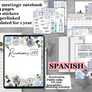 May include: A digital planner for Jehovah's Witnesses meetings in Spanish. The cover features a watercolor design of blue and purple flowers with the text "Reuniones JW". The planner includes 183 pages, 130 stickers, and is hyperlinked. It is undated and can be used for one year.