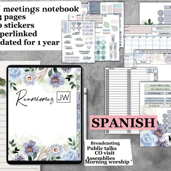 JW undated spanish notebook for GoodNotes, one year español cuaderno meetings, convention, co visit, pdf iPad hyperlinked, with stickers