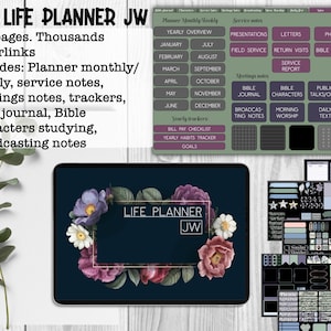 JW undated life planner dark for GoodNotes, January and September starting, meetings notes, Bible journal, service notes, planning on tablet image 1