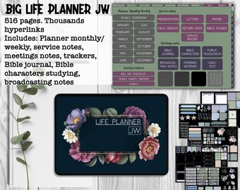 JW undated life planner dark for GoodNotes, January and September starting, meetings notes, Bible journal, service notes, planning on tablet