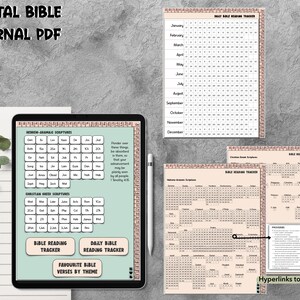 Pode incluir: Um di&aacute;rio digital PDF da B&iacute;blia com um esquema de cores verde e bege. O di&aacute;rio inclui um rastreador de leitura da B&iacute;blia, um rastreador de leitura di&aacute;ria da B&iacute;blia e uma se&ccedil;&atilde;o para vers&iacute;culos favoritos da B&iacute;blia por tema. O di&aacute;rio tamb&eacute;m inclui uma lista de escrituras hebraicas-aramaicas e crist&atilde;s gregas.