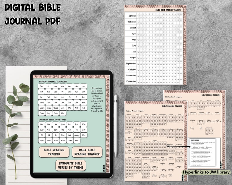 Pode incluir: Um di&aacute;rio digital PDF da B&iacute;blia com um esquema de cores verde e bege. O di&aacute;rio inclui um rastreador de leitura da B&iacute;blia, um rastreador de leitura di&aacute;ria da B&iacute;blia e uma se&ccedil;&atilde;o para vers&iacute;culos favoritos da B&iacute;blia por tema. O di&aacute;rio tamb&eacute;m inclui uma lista de escrituras hebraicas-aramaicas e crist&atilde;s gregas.