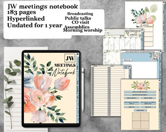 May include: A digital planner for Jehovah's Witnesses with a floral design. The cover features a watercolor painting of pink and white flowers with green leaves. The title "JW MEETINGS Notebook" is displayed on the cover.