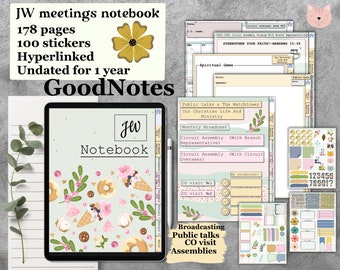 JW notebook undated for one year for GoodNotes, meetings, convention, co visit, pdf iPad hyperlinked, with stickers notability