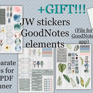May include: A set of digital planner stickers for the GoodNotes app. The stickers feature a variety of designs, including plants, leaves, and geometric shapes. The stickers are in shades of green, blue, and pink. The text "JW stickers GoodNotes elements" is visible in the image.