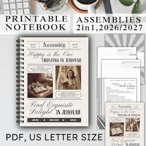 May include: A spiral-bound printable notebook for 2026-2027 assemblies, featuring a cream cover with black text reading "Happy is the One TRUSTING IN JEHOVAH" and "Find Exquisite Delight IN JEHOVAH," alongside vintage-style photos and event details.