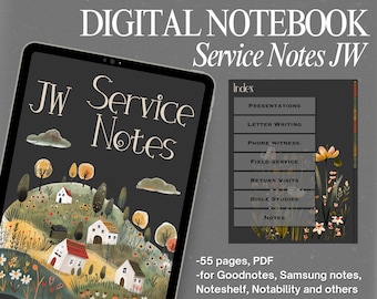 Könnte beinhalten: Digitales Notizbuch zum Notieren, mit einer skurrilen Illustration eines Dorfes auf einem Hügel. Das Notizbuch ist 55 Seiten lang und kompatibel mit Goodnotes, Samsung Notes, Noteshelf, Notability und anderen Apps. Es ist mit Hyperlinks versehen, um die Navigation zu erleichtern.