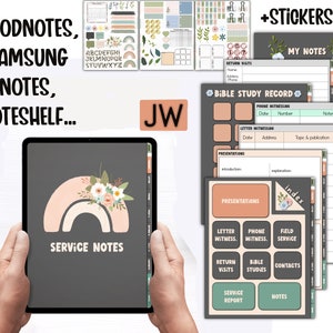 May include: Digital planner for Goodnotes, Samsung Notes, and Noteshelf apps. The planner features a pastel rainbow design with floral accents and includes sections for Bible study, phone witnessing, letter witnessing, presentations, service report, and notes. The planner also includes stickers.