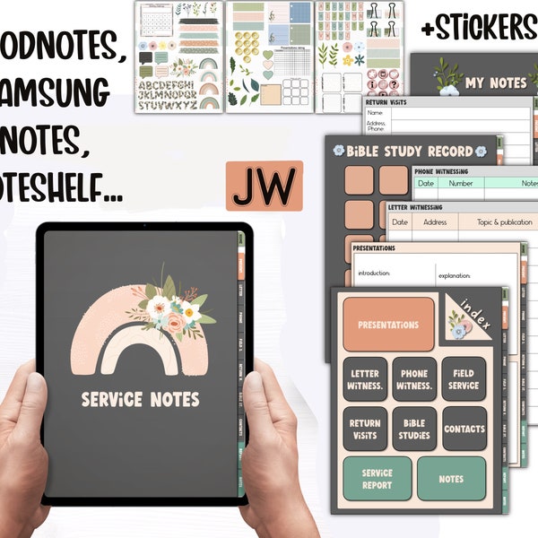 JW service notes for GoodNotes, return visits, Bible study, presentations planner iPad hyperlinked, with stickers notability Noteshelf