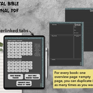 May include: A digital Bible journal PDF with hyperlinked tabs. The journal includes a table of contents with a list of books in the Bible, a Bible reading tracker, a daily Bible reading tracker, and a section for favourite Bible verses by theme. The journal also includes a blank page for each book of the Bible, with sections for key verses, lessons, and notes.