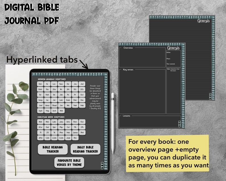 May include: A digital Bible journal PDF with hyperlinked tabs. The journal includes a table of contents with a list of books in the Bible, a Bible reading tracker, a daily Bible reading tracker, and a section for favourite Bible verses by theme. The journal also includes a blank page for each book of the Bible, with sections for key verses, lessons, and notes.