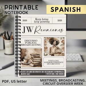 Cuaderno imprimible para notas de reuniones en español, diario de radiodifusión de 2026, visita del supervisor de circuito, charla pública en papel