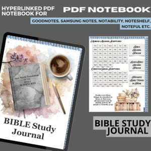 Può includere: Un diario digitale di studio biblico visualizzato su un tablet, con un libro, caffè e una penna. Il diario include sezioni per lo studio delle scritture e la presa di appunti, con il testo "BIBLE Study Journal".