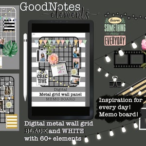 Pode incluir: Um quadro de avisos digital com um design de grade preto e branco. O quadro está cheio de fotos, texto e elementos decorativos. O texto no quadro diz "Digital Metal Grid Wall Panel Memo Board" e "Be Creative". O texto abaixo do quadro diz "Grade de parede de metal digital PRETO e BRANCO com mais de 60 elementos".