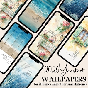 以下が含まれることがあります： 様々な水彩画の壁紙を表示するスマートフォンのコレクション。壁紙は、ビーチの風景、花の配置、建築要素を特徴としています。画面には「Happy are those conscious of their spiritual need」と「2026 Yeartext」というテキストが表示されています。画像の下部には「WALLPAPERS for iPhones and other smartphones」と書かれています。