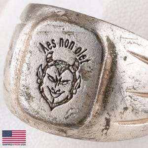 Aes non olet Copper money does not stink Devil Satan Evil Hell Lucifer Demon Ring Mephistopheles HORN Soldiers AMULET Jewelry