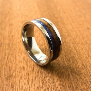 Stainless Steel Wedding Ring: Lapis Lazuli & Wood Inlay, 8mm Band