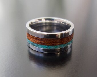 Anello in acciaio inossidabile con intarsio turchese: fede nuziale in legno naturale