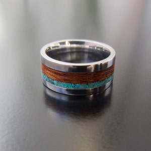 Turquoise Inlay Stainless Steel Ring: Natural Wood Wedding Band