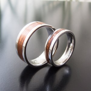 His & Hers Stainless Steel Wedding Band Set: Mahogany Wood Inlay Rings