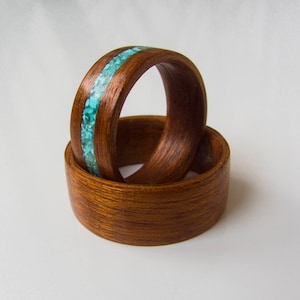 Turquoise Inlay Wooden Wedding Ring Set: Bentwood Rings
