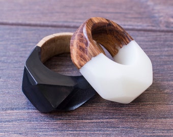Wood Resin Ring: Black & White Epoxy Jewelry