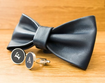 Wedding set for men Blue leather bow tie Personalized cufflinks Groom bow tie Bow tie for men or women Wedding accessory Bow tie Gift