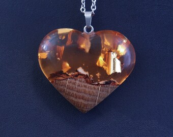 Orange resin pendant, heart necklace, heart jewelry, resin wood necklace, wood resin pendant, wood heart pendant,women wooden heart necklace