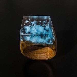 Handmade Blue Resin Wood Ring: Non-Allergenic Jewelry