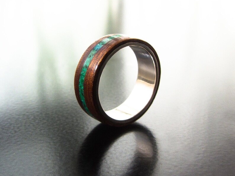 lapis lazuli ring intaly wood engagement ring wood ring malachite ring inlay redwood sterling silver ring unisex ring bentwood ring