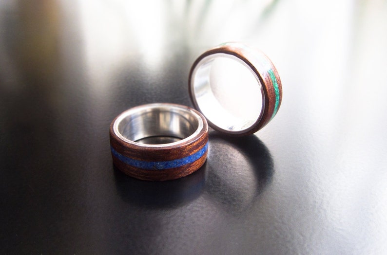 lapis lazuli ring intaly wood engagement ring wood ring malachite ring inlay redwood sterling silver ring unisex ring bentwood ring