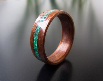 Wood Ring, Red wood, Malachite ring inlay, wood engagement ring, Bentwood ring, wood engagement ring, Christmas present,Exclusive Ring,gift
