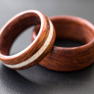 2pcs, set rings, wedding band, ring inlaid cacholong, wedding & engagement, gift for couples, ring, bentwood ring,  red wood, wedding sets