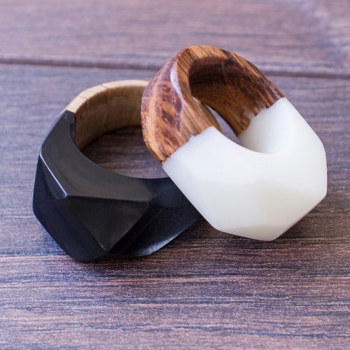 black white resin ring, black ring, resin ring, wooden ring, epoxy resin, woman ring, womens wood ring, wood resin jewelry, ring, ring women