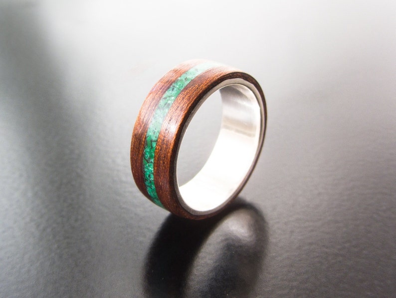 lapis lazuli ring intaly wood engagement ring wood ring malachite ring inlay redwood sterling silver ring unisex ring bentwood ring