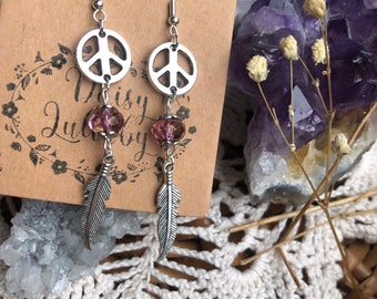 Peace Sign Feather Boho Glass Bead Silver Plated Dangle Earrings