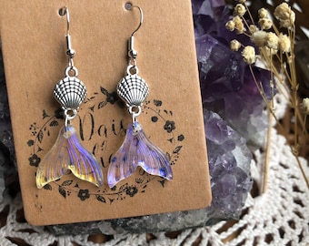 Mermaid Tail Sea Shell Glass Iridescent Dangle Earrings