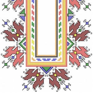 May include: A white background with a red, green, blue, yellow, and orange embroidered design. The design is symmetrical and features a floral pattern.