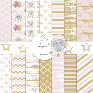 14 Elefante bebê Papel digital Papel para scrapbook Menina clipart Elefante estrela Balão Papel A4 300dpi Download digital Alta resolução