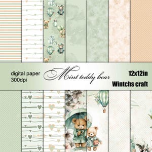14 Digital Paper mint Baby Girl Boy Scrapbook Teddy Bear paper Digital Background Pattern Watercolor Texture Scrapbook Album Card Active