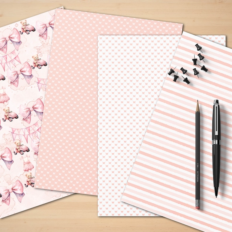 Pink Patterned A4 File 14 A4 Digital Paper Pink Baby Girl Scrapbook Teddy Bear Paper Digital ...
