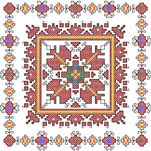 May include: A square, white background with a detailed, cross-stitch design. The central motif is a red and yellow geometric pattern, framed by a yellow border. The design is surrounded by a repeating floral border in red, yellow, blue, and black.