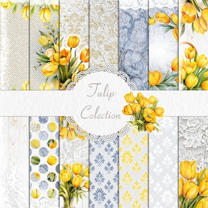 14 Papier numérique tulipe jaune Papier de scrapbooking Motif de fond numérique Texture aquarelle Album de scrapbooking Carte Album actif