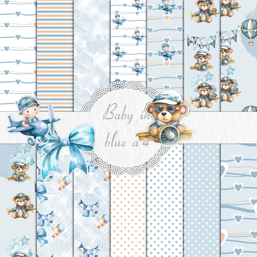 14 A4 Digital Paper Blue Baby Boy Scrapbook Teddy Bear Paper Digital ...