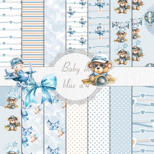 14 A4 Carta digitale Blu Bambino Ragazzo Scrapbook Orsacchiotto carta Sfondo digitale Motivo Acquerello Texture Scrapbook Album Carta Attivo
