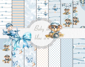 14 Papel digital A4 Azul Bebé Niño Álbum de Recortes Osito de Peluche Papel de fondo digital Patrón Textura de acuarela Álbum de recortes Tarjeta Activo